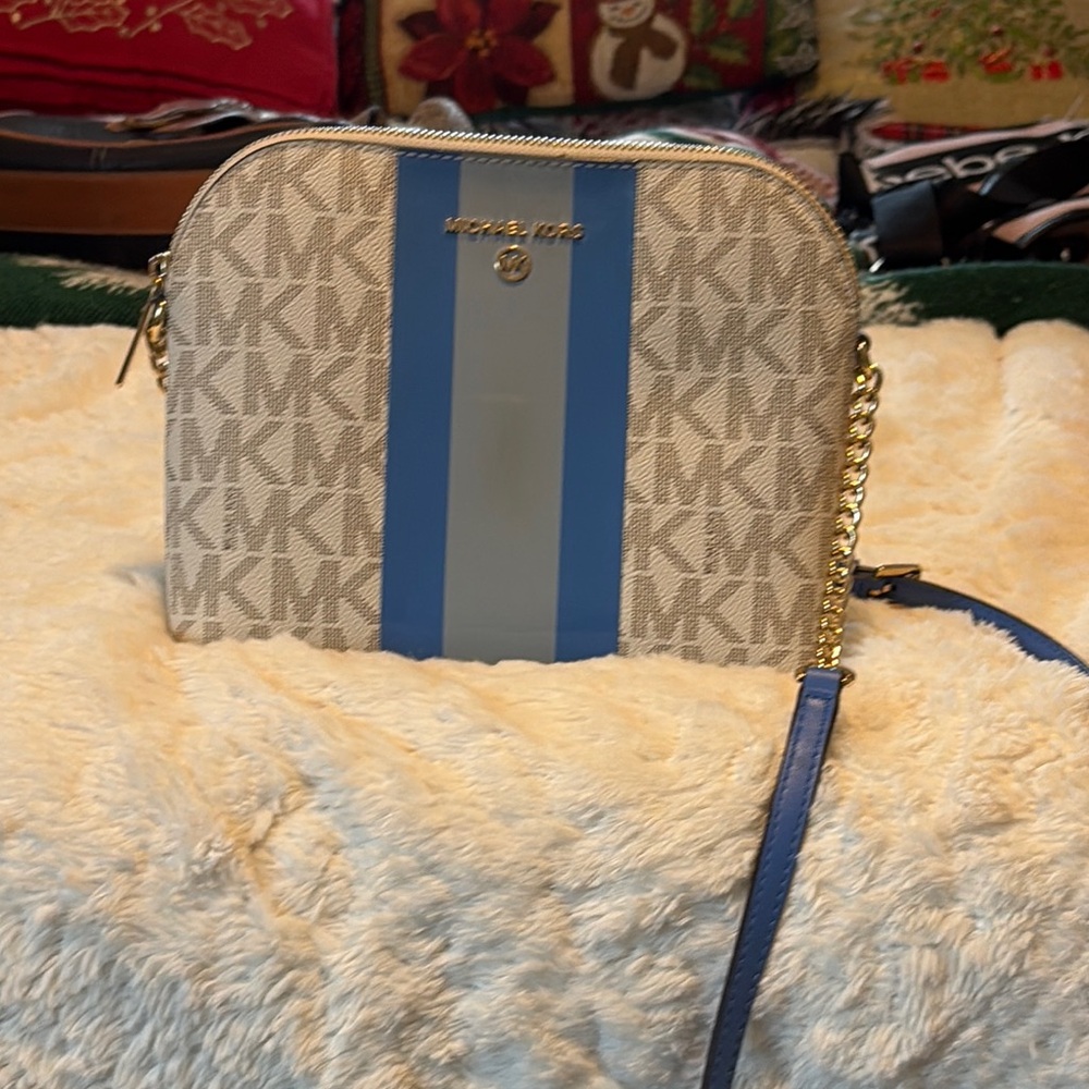 Michael Kors Blue and Cream Crossbody Bag with Monogram Print and Stripe Detail